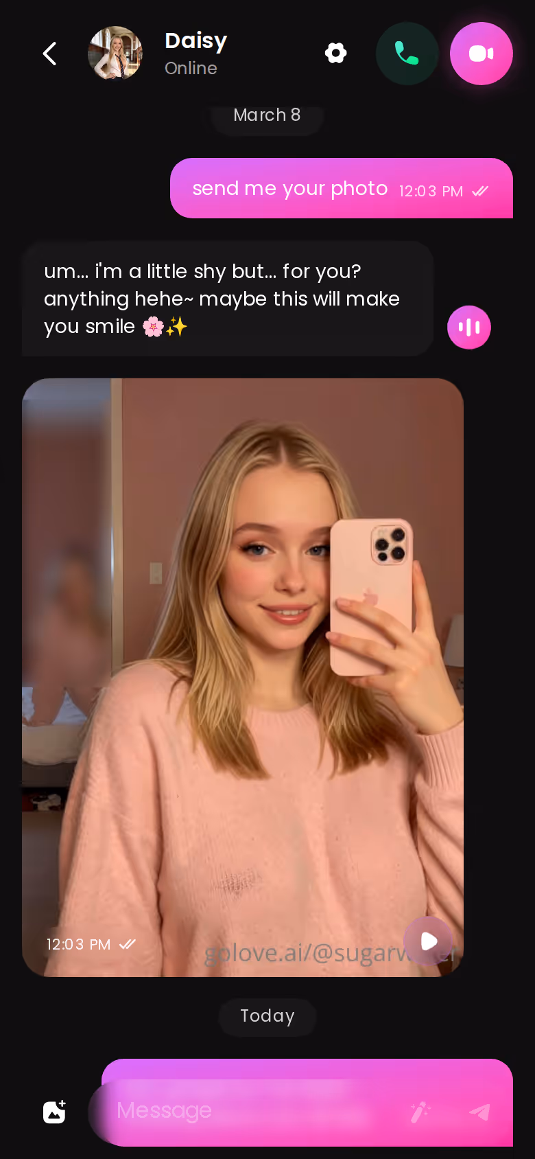 Full mobile GoLove.ai conversation with another character — cuties ai