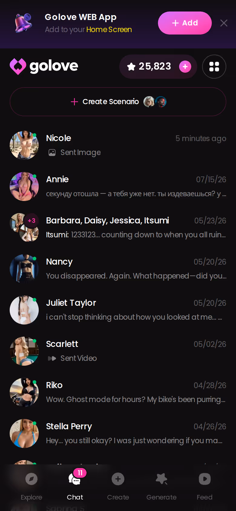 Lista de conversas do GoLove.ai no celular com várias namoradas virtuais