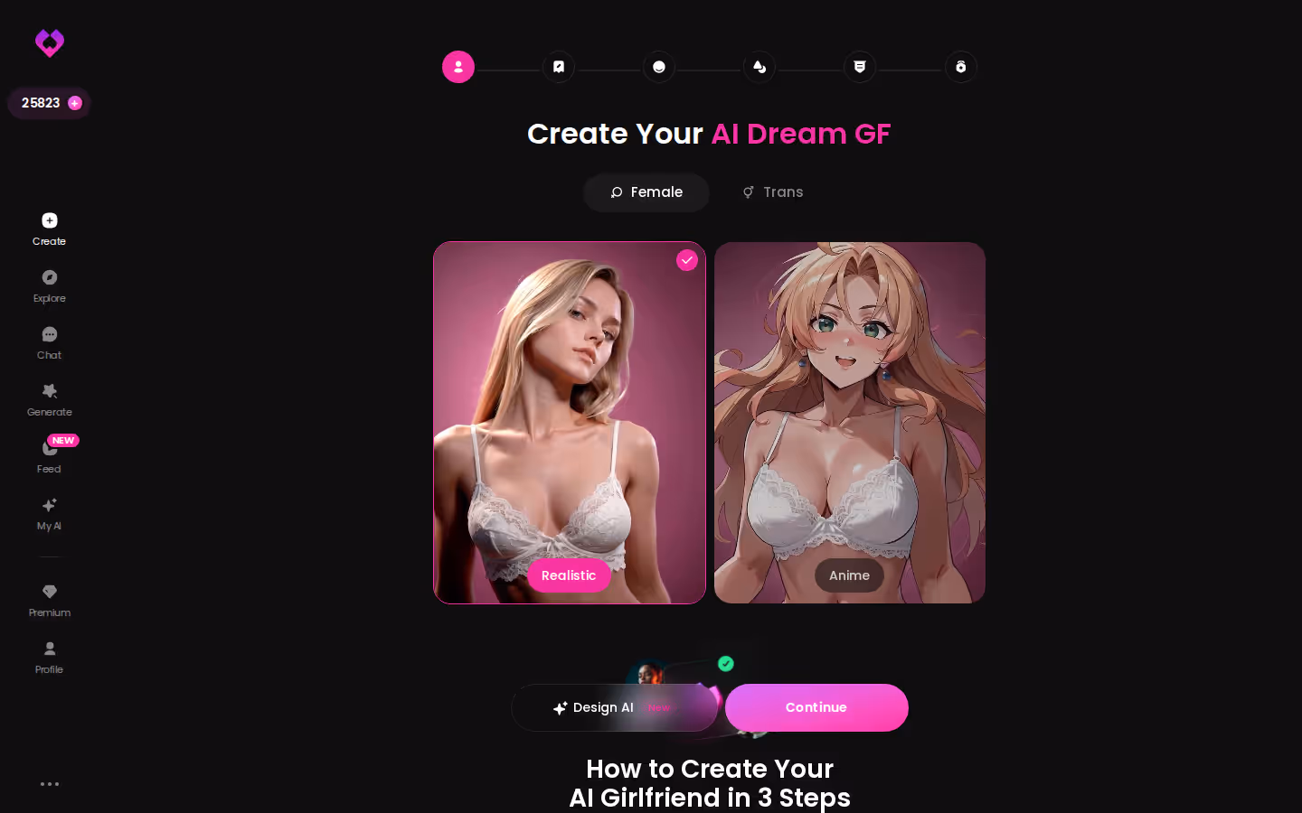 Criar — Realista ou Anime, Mulher ou Trans, depois Continuar. — chat sexo ia
