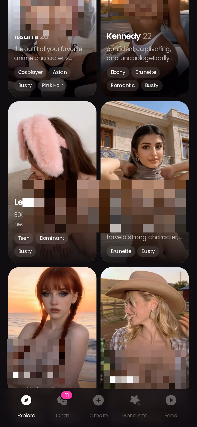Aba Explore do GoLove.ai no celular com perfis de namoradas virtuais realistas