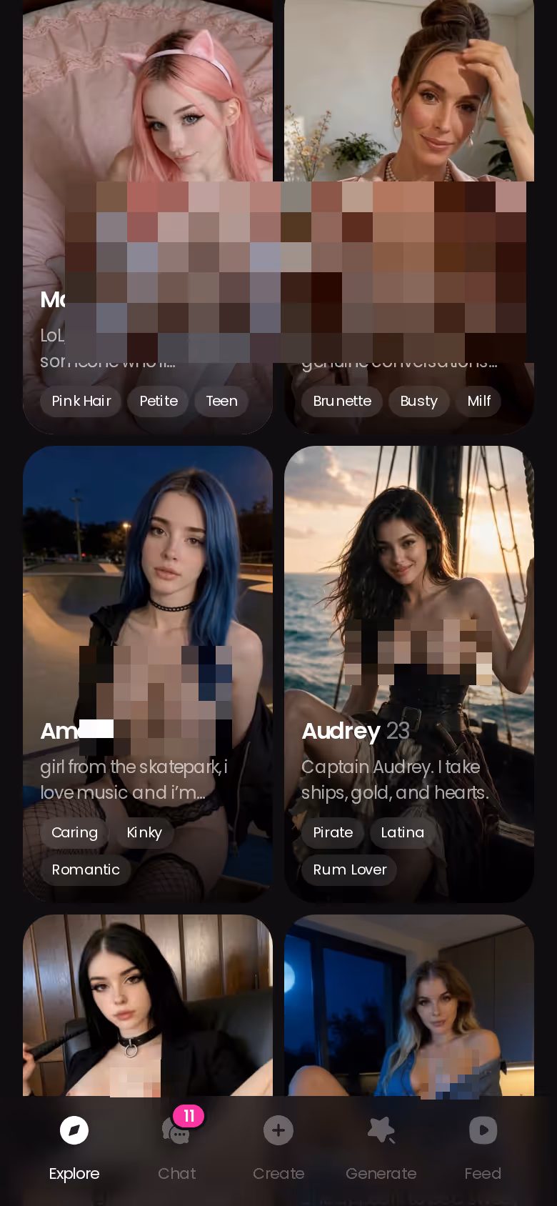 More of the mobile GoLove.ai Explore character grid — flipped ai chat