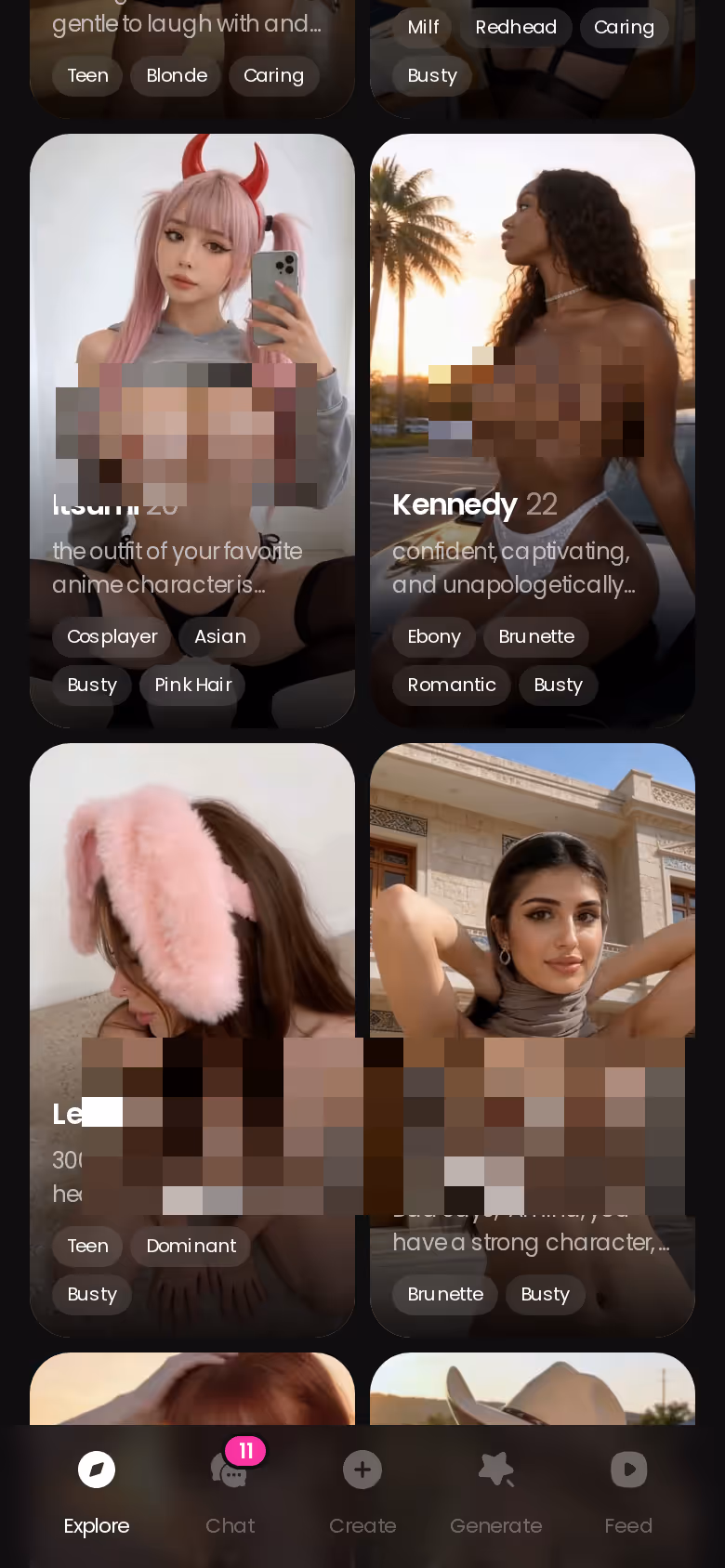 Aba Explore da GoLove.ai no celular com personagens realistas