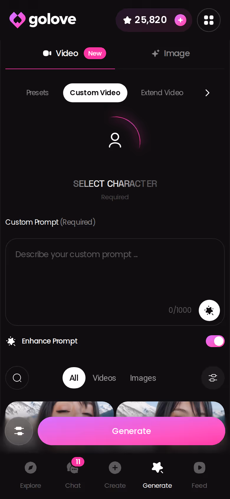 Gerador do GoLove.ai no celular montando um vídeo personalizado com cartões