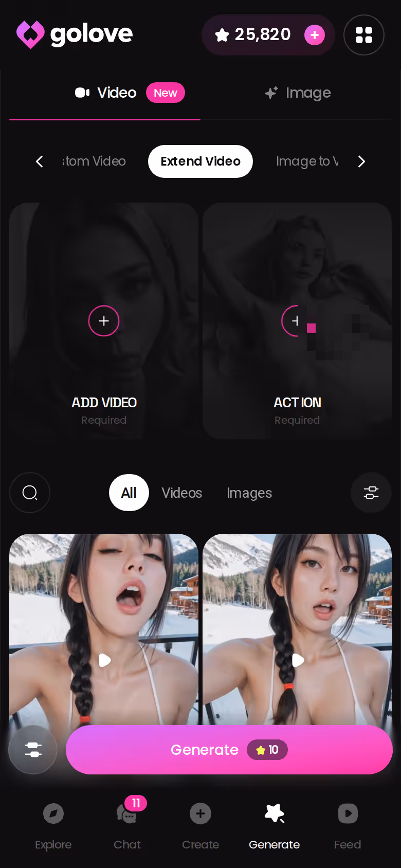 Gerador de vídeo do GoLove.ai no celular com presets de ação, roupa e cenário