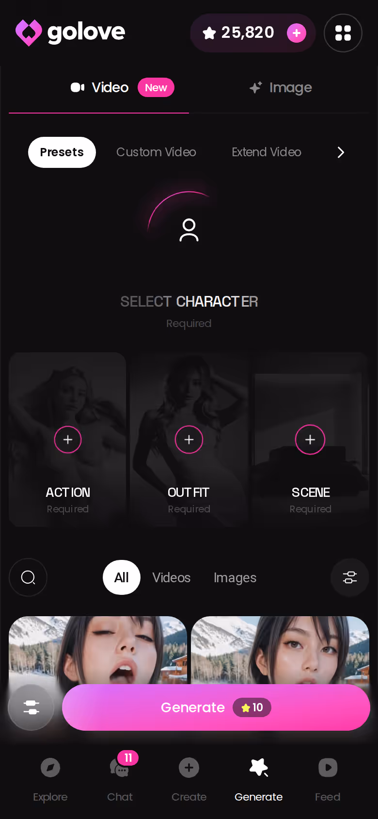 Hub de geração do GoLove.ai no celular, com abas de foto e vídeo por personagem