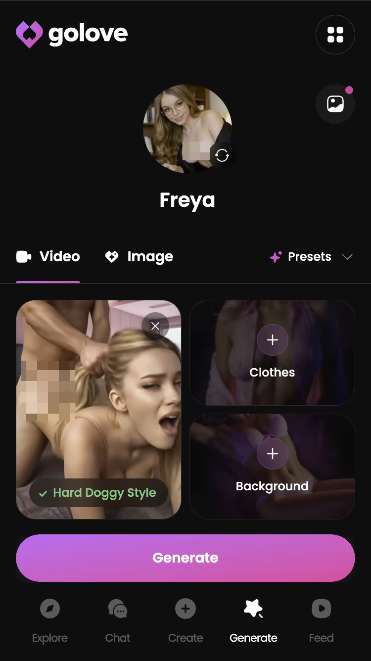 Explicit action preset selected in the GoLove.ai video generator — ai robot girlfriend